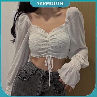 Yyr--เสื้อครอปท็อปแขนยาว เปิดไหล่ คอสี่เหลี่ยม เซ็กซี่ สําหรับผู้หญิง