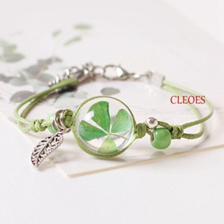 CLEOES สร้อยข้อมือ เชือกถัก จี้ดอกไม้แห้ง ใบโคลเวอร์ ใบโคลเวอร์สาน สไตล์เกาหลี เรียบง่าย เครื่องประดับ ของขวัญ