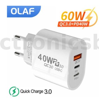 Olaf อะแดปเตอร์ชาร์จ USB PD 60W 3 พอร์ต Dual USB-C+USB-A PD QC3.0 ปลั๊ก EU ชาร์จเร็ว ปลั๊ก US