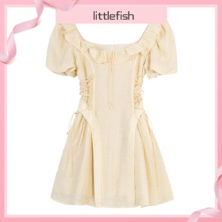 [littlefish] ชุดเดรสกระโปรง คอสี่เหลี่ยม เอวแคบ ปักลายห่าน สีเหลือง สไตล์ญี่ปุ่น หรูหรา แฟชั่นฤดูร้อน สําหรับเด็กผู้หญิง