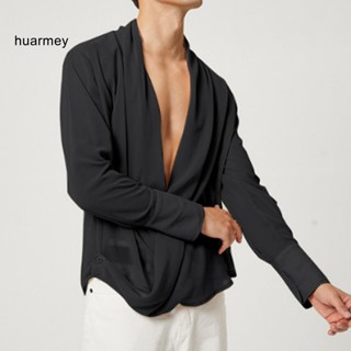 Huarmey เสื้อเชิ้ตแขนยาว คอวีลึก ผ้าชีฟอง แบบบาง ทรงหลวม สีพื้น สุดเซ็กซี่ เหมาะกับฤดูใบไม้ร่วง สําหรับผู้ชาย