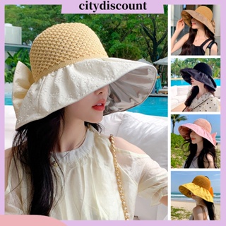 &lt;citydiscount&gt; หมวกปีกกว้าง หมวกบักเก็ต ผ้าถักนิตติ้ง ทรงโดม ประดับโบว์ ลายนูน แฟชั่นสําหรับผู้หญิง