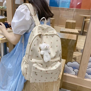bag_1(BAG1908) กระเป๋าเป้ไนล่อนลายดอกไม้ ใบใหญ่**มีของแถมที่ห้อยน้องหมี**