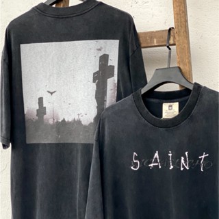 Saint MICHAEL CHO "Silent Mass" Limited White Ink Direct Spray Print High Street Retro Heavy Duty Made Old Wash เสื้อแขนสั้น สไตล์วินเทจ