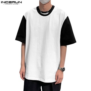 Incerun เสื้อยืดแขนสั้น คอคู่ สีดํา และสีขาว