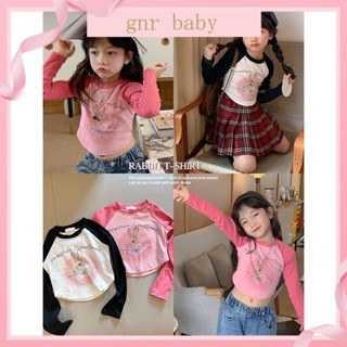 🍓GNR BABY🫐เสื้อยืดแขนยาว ลายการ์ตูนกระต่ายน่ารัก สีชมพู สไตล์เกาหลี สําหรับเด็กผู้หญิง อายุ 3-12 ปี