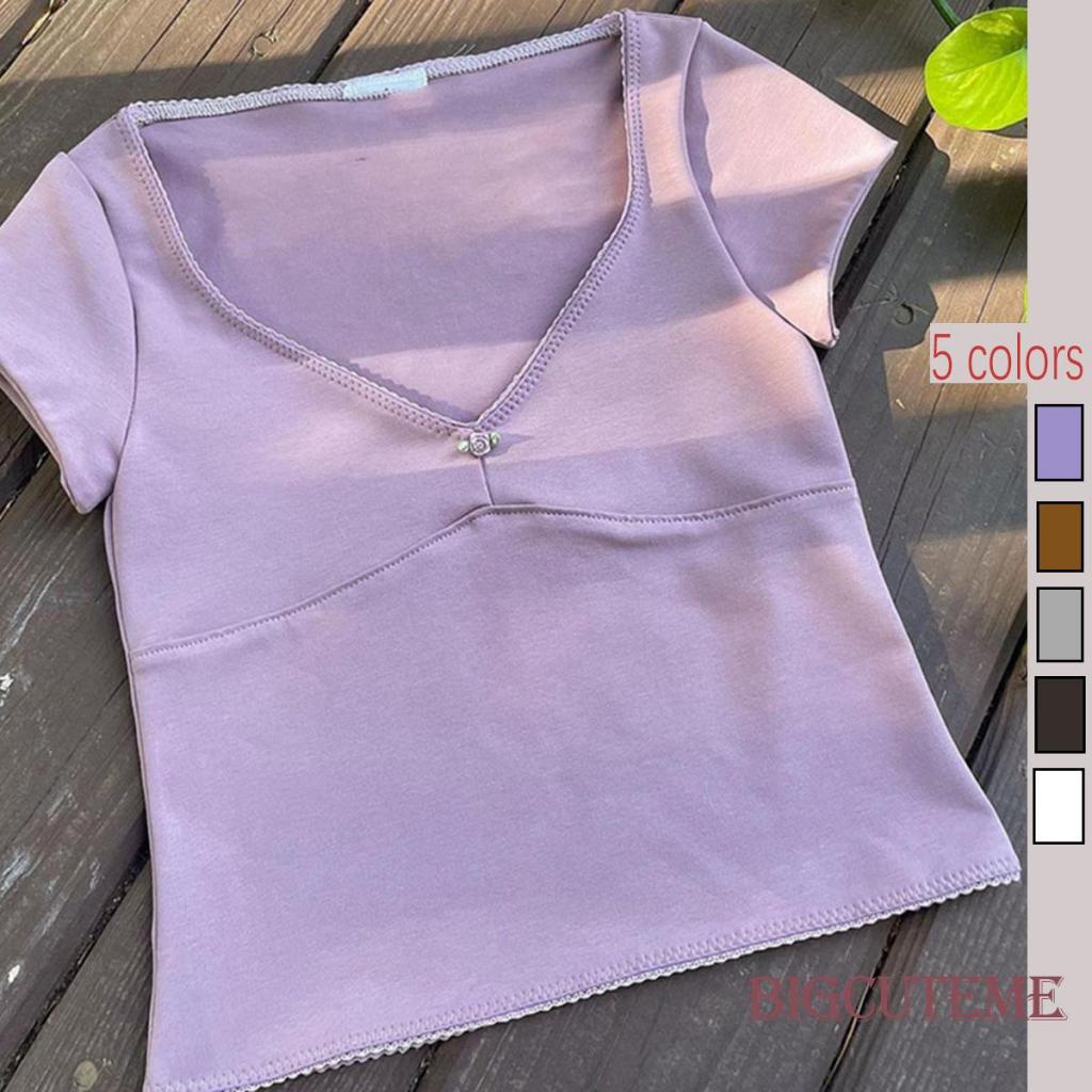 T-shirts 164 บาท []-T-เสื้อยืดครอปท็อปแขนสั้น สีพื้น ทรงสลิมฟิต เหมาะกับฤดูร้อน สําหรับผู้หญิง Women Clothes