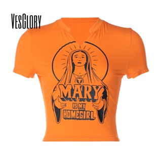 Vesglory เสื้อครอปท็อป คอกลม แขนสั้น พิมพ์ลายตัวอักษร สีพื้น เซ็กซี่ สําหรับผู้หญิง 2023