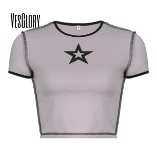 Vesglory เสื้อครอปท็อป คอกลม แขนสั้น พิมพ์ลาย สีตัดกัน แฟชั่นสําหรับผู้หญิง 2023