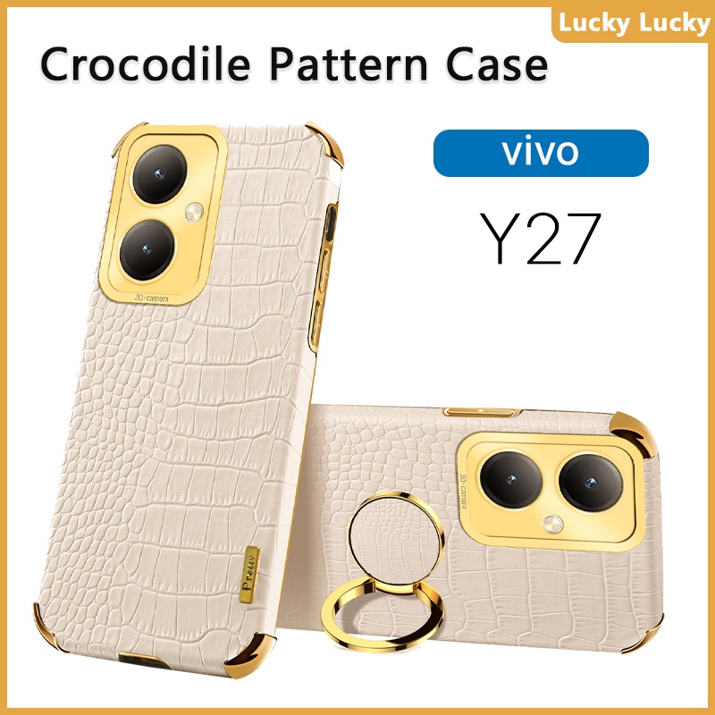เคส VIVO Y27 Y36 Y35 Y33S Y33T Y30 Y30i Y22 Y21 Y21S Y20 Y20s Y16 Y15s นุ่ม ลายจระเข้ ที่วางแหวนนิ้ว ฝาครอบ PU กล้องปกป้องเต็มรูปแบบ ชุบทอง บาง ความรู้สึกที่ยอดเยี่ยม ป้องกันลายนิ้วมือ ซับในกระจายความร้อน