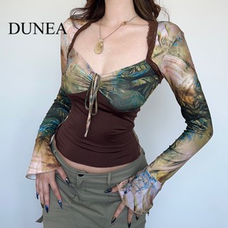 Dunea เสื้อท็อป คอวี พิมพ์ลายลูกไม้ สีน้ําตาล สไตล์วินเทจ สําหรับผู้หญิง