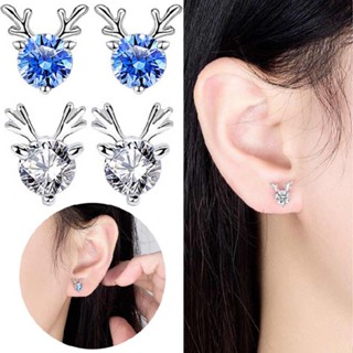 New Crystal Reindeer Stud Earrings 925 Sterling Silver Women Girls Xmas Gifts