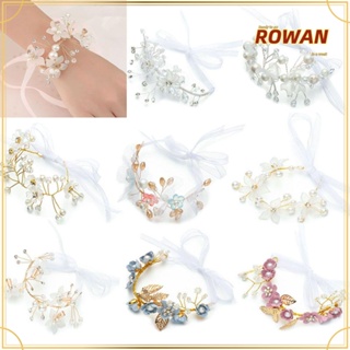 ROWANS กําไลข้อมือ ประดับมุก พลอยเทียม ดอกไม้ แบบผูกเชือก สําหรับเจ้าสาว งานพรอม งานแต่งงาน ปาร์ตี้ เต้นรํา