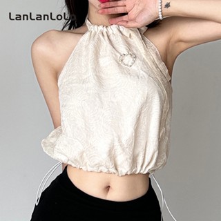 Lanlanlolo เสื้อกล้าม เปิดไหล่ ผ้าแจ็คการ์ด สีพื้น สําหรับผู้หญิง 2023