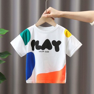 พร้อมส่ง เสื้อยืดแขนสั้น ผ้าฝ้ายแท้ ทรงหลวม สไตล์เกาหลี แฟชั่นฤดูร้อน สําหรับเด็กผู้ชาย และเด็กผู้หญิง