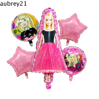 Aubrey1 ลูกโป่งเป่าลม ฟิล์มอลูมิเนียม รูปตุ๊กตาบาร์บี้ สีชมพู สําหรับตกแต่งปาร์ตี้ 5 ชิ้น