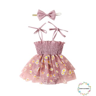 Babyclothes- ชุดรอมเปอร์ พิมพ์ลายดอกไม้ พร้อมที่คาดผม ประดับโบว์ สําหรับเด็กผู้หญิง