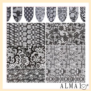 Alma สติกเกอร์ลูกไม้ ลายท้องฟ้ากลางคืน สีดํา สีขาว สําหรับตกแต่งเล็บ DIY 16 ชิ้น ต่อชุด