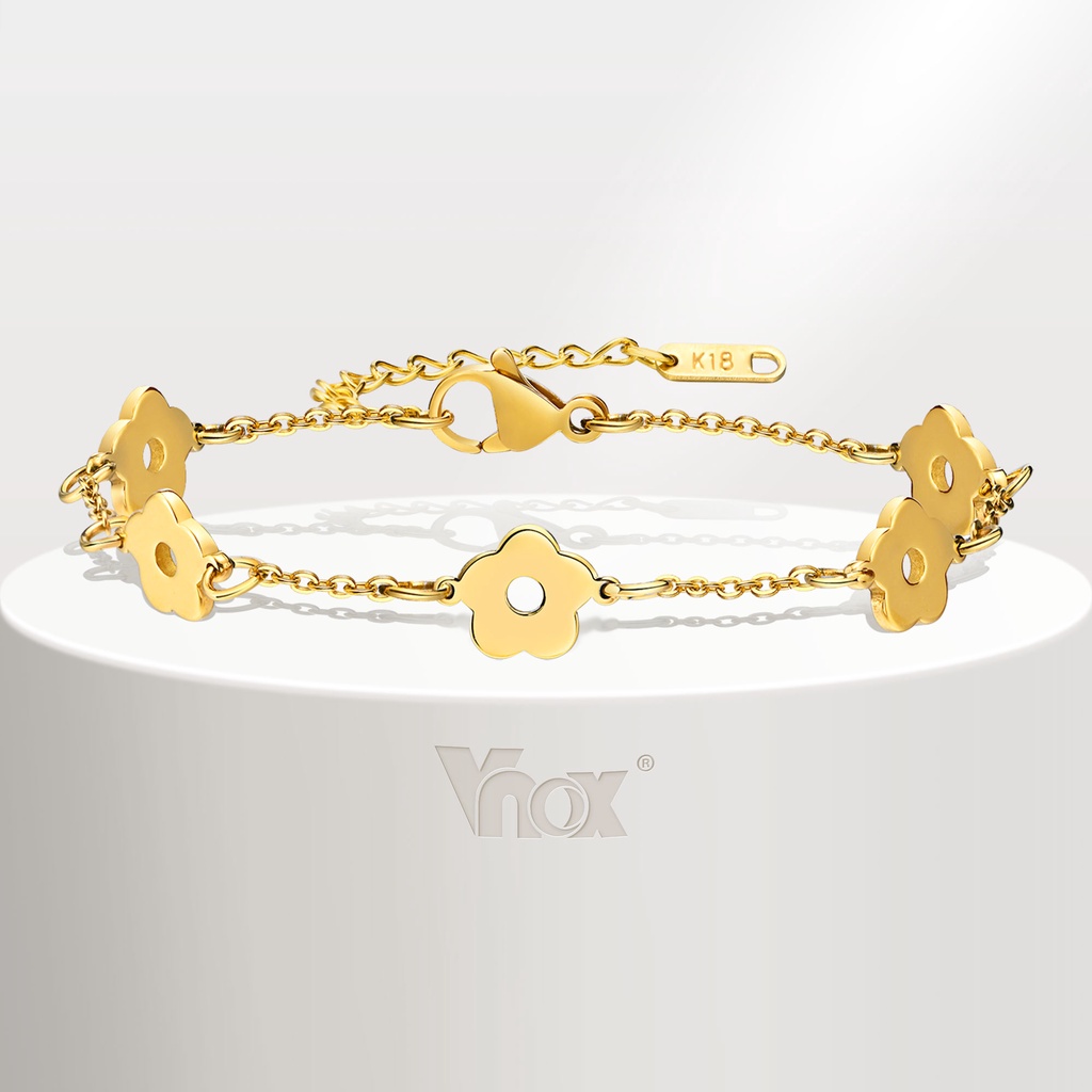 Vnox สร้อยข้อมือโซ่ สเตนเลส ทอง 18K จี้รูปดอกไม้น่ารัก กันแพ้ สําหรับผู้หญิง