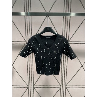 Z00N MIU MIU 2023 pure style heavy industry rhinestone beaded V-neck short-sleeved slim knit age-reducing versatile top