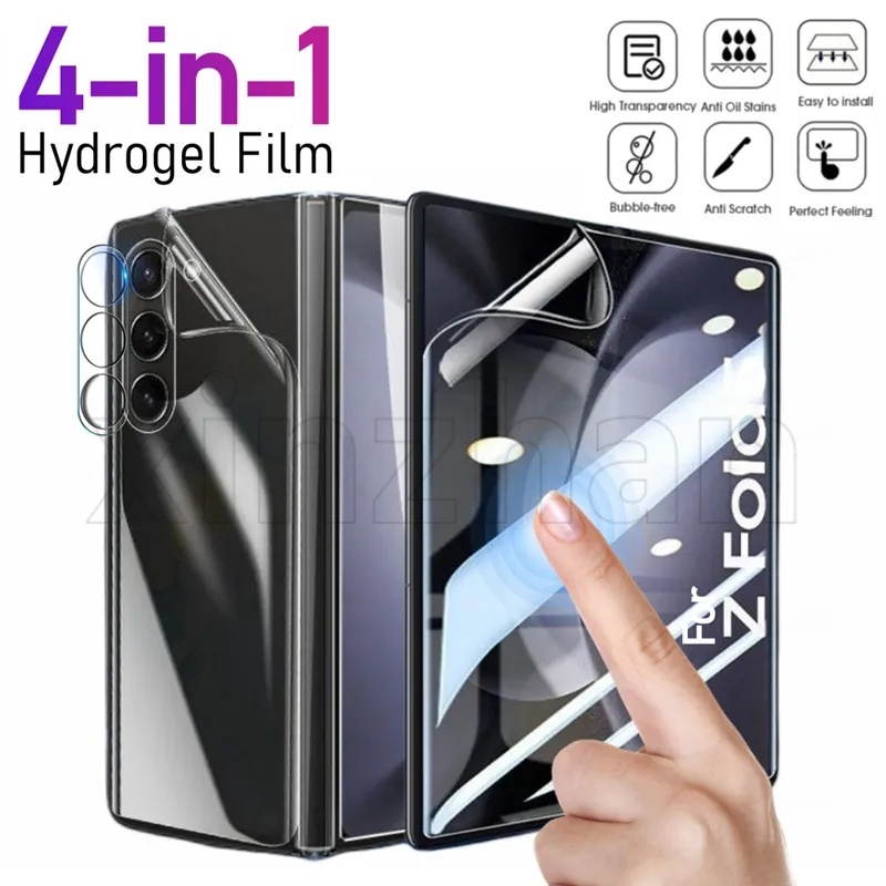 ฟิล์มไฮโดรเจล 4 in 1 / ฟิล์มกันรอยหน้าจอด้านนอก กันรอยขีดข่วน เข้ากันได้กับ Samsung Galaxy Z Fold 5 / กระจกนิรภัยเลนส์กล้อง / ฟิล์มด้านหลังแบบเต็ม / รอยหน้าจอด้านในแบบนิ่ม HD