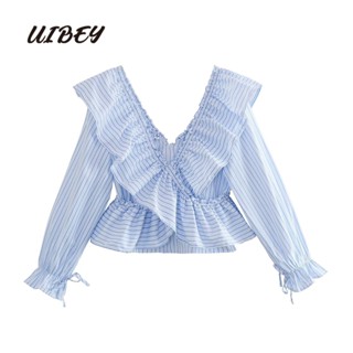 Uibey เสื้อเชิ้ตแขนยาว คอวี แต่งระบาย แฟชั่นสําหรับสตรี 4661