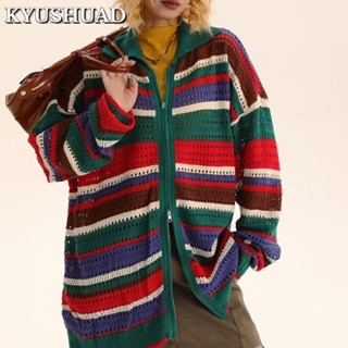 KYUSHUAD เสื้อถักคู่สบาย ๆ หลวม, เสื้อสเวตเตอร์ถักคาร์ดิแกนซิปสีย้อนยุคแบบอเมริกัน,