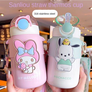 SANRIO ขวดน้ําสเตนเลส 316 ลายการ์ตูนซานริโอ้น่ารัก พร้อมหลอดดูด ความจุขนาดใหญ่ พกพาง่าย 570 มล. สําหรับเด็ก