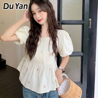 Du Yan เสื้อเชิ้ตแขนสั้น คอสี่เหลี่ยม แขนพัฟ ลายดอกไม้ ทรงหลวม สไตล์ต่างประเทศ แฟชั่นฤดูร้อน สําหรับเด็กผู้หญิง