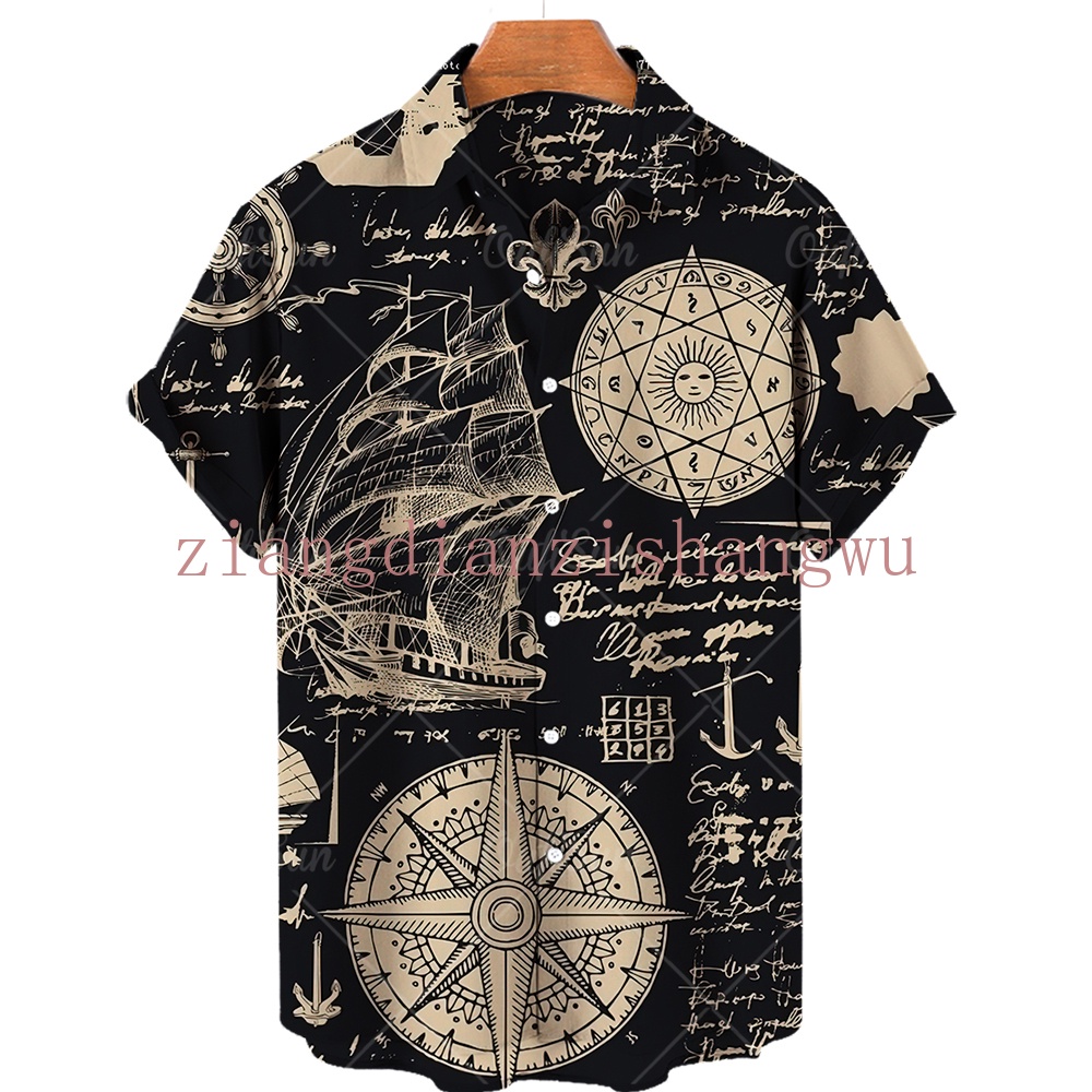 เสื้อเชิ้ตลําลอง ตัวสั้น ลายเข็มทิศ สไตล์วินเทจ ฮาวาย เหมาะกับเดินชายหาด แฟชั่นฤดูร้อน สําหรับผู้ชาย