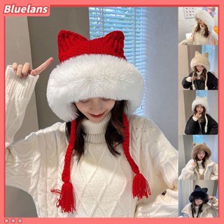 【 Bluelans 】หมวกบีนนี่ ผ้าถัก แต่งพู่ ทรงหูแมว สีขาว อบอุ่น แฟชั่นฤดูใบไม้ร่วง ฤดูหนาว สําหรับเด็กผู้หญิง