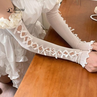 Fuzou ถุงมือลูกไม้ ประดับโบว์ กันแดด หรูหรา สไตล์พังก์ โลลิต้า y2k