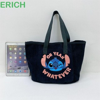 Erich กระเป๋าสะพายไหล่ กระเป๋าช้อปปิ้ง ผ้าแคนวาส พิมพ์ลายตัวอักษร Stitch น่ารัก สําหรับเดินทาง