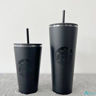 Starbucks Straw Cup ความจุขนาดใหญ่แบบพกพา Belly Cup ถ้วยน้ำ Matte Black ถ้วยกาแฟ Frosted Plastic Straw Cup Starbucks Cup 16oz/24oz TH1