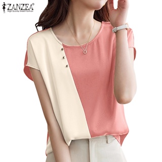 Zanzea เสื้อเบลาส์ คอกลม แขนสั้น ผ้าซาติน สีคมชัด สไตล์เกาหลี สําหรับผู้หญิง