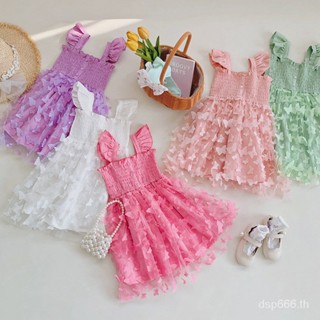 Three-dimensional butterfly gauze flying sleeve girls dress 2023 Summer cable waist girls princess dress YUFI