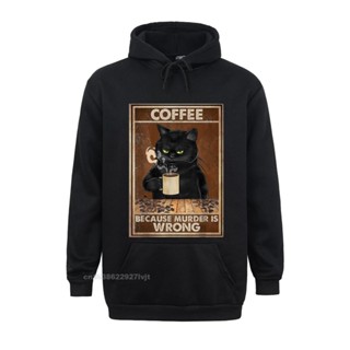เสื้อฮู้ดดี้ ผ้าฝ้าย ลายแมวดํา กาแฟ Murder Is Wrong สําหรับผู้ชาย