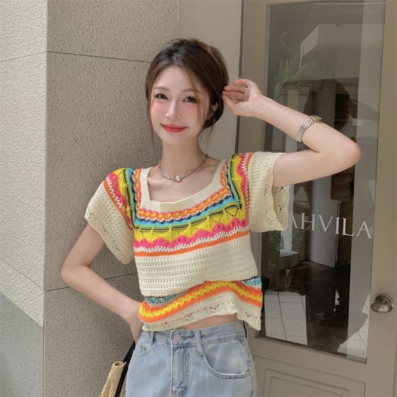 🍒Bee🍒 ฤดูร้อนลายเสื้อถักแขนสั้นผู้หญิงฝรั่งเศสสั้นคอสี่เหลี่ยมด้านบน🍒(จัดส่ง 24 ชั่วโมง)🍒