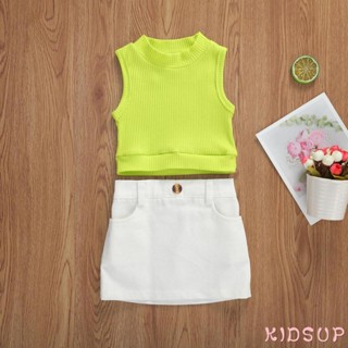 Kidsup1- ชุดเสื้อครอปแขนกุด คอกลม สีพื้น พร้อมกระโปรงสั้น เก็บสะโพก สําหรับเด็กผู้หญิง 2 ชิ้น