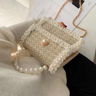 Ins Super Hot bag Womens 2023 New style Korean Fashion Pearl handheld chain one shoulder oblique small Square bag