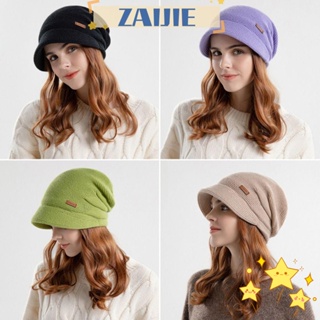 Zaijie24 Beanies หมวกบีนนี่ ผ้าขนแกะถัก กันลม ให้ความอบอุ่น ปีกสั้น ลําลอง ฤดูใบไม้ร่วง ฤดูหนาว