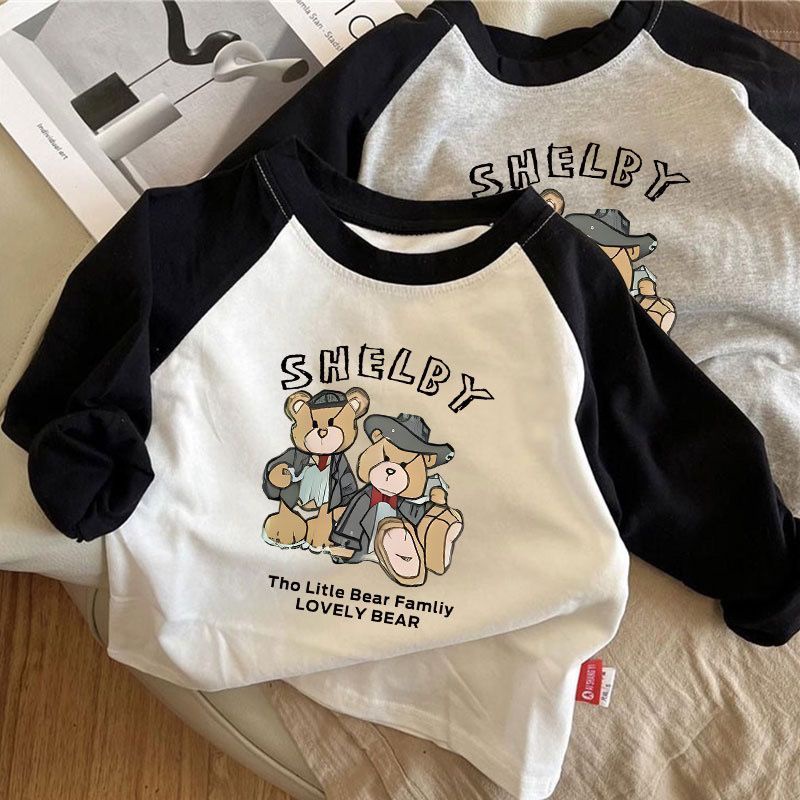 [1-14Y] แขนยาวผ้าฝ้าย 100% เด็กผู้หญิง Tshirt Unisex เด็กสวมใส่ฤดูใบไม้ร่วง Raglan T เสื้อพิมพ์แฟชั่น Top หลวมสไตล์เกาหลี Baju