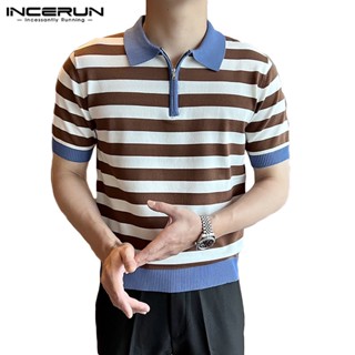 Incerun เสื้อโปโล แขนสั้น ผ้าถัก มีซิปแนวนอน สีตัดกัน