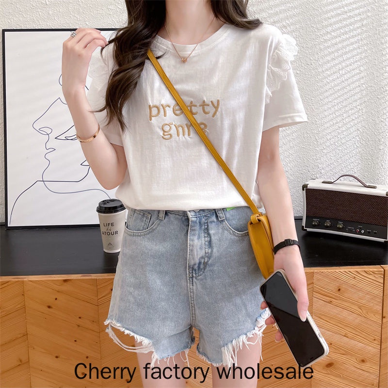 ใหม่ เสื้อยืดแขนสั้น ผ้าฝ้ายแท้ ทรงหลวม สีขาว แฟชั่นสําหรับผู้หญิง