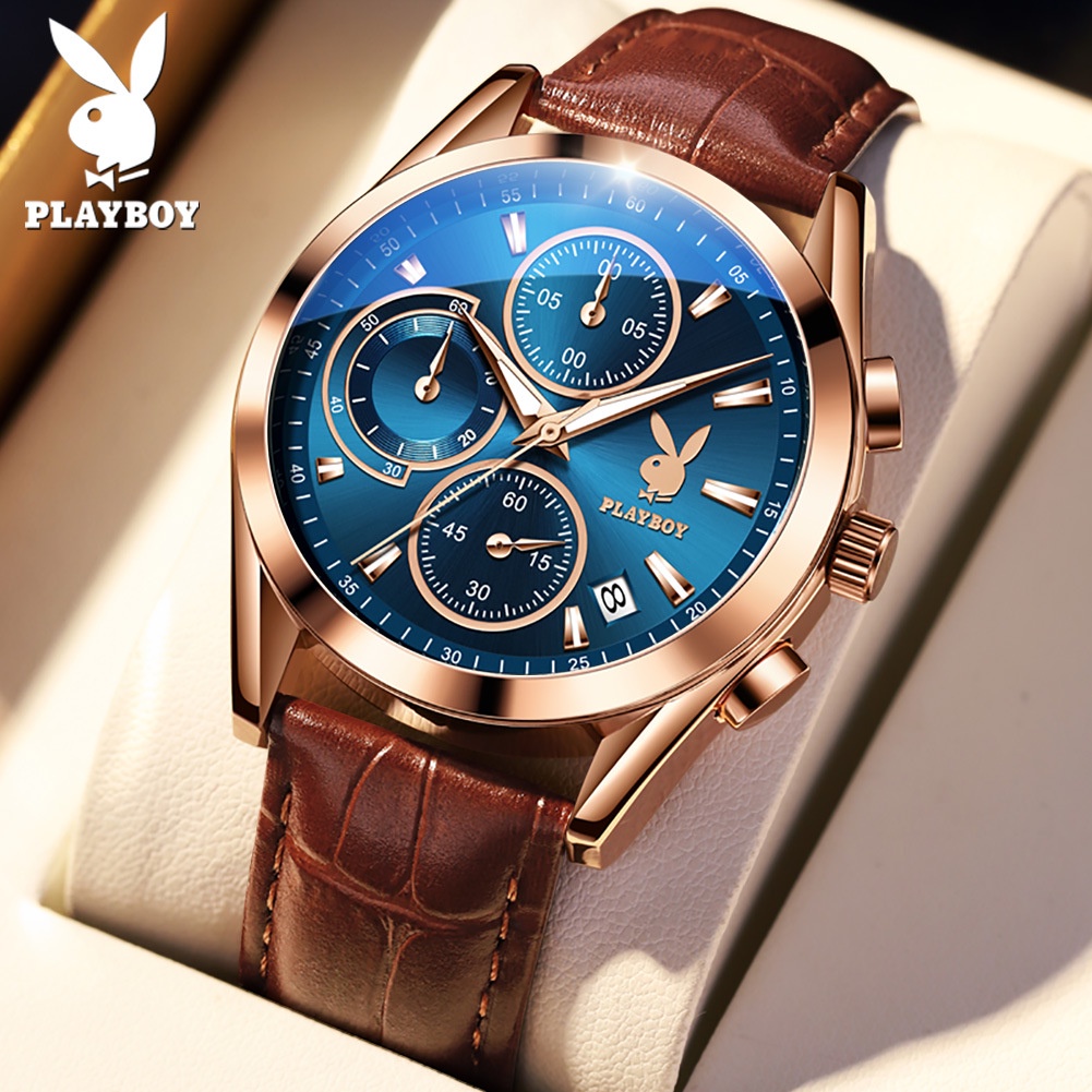 Playboy Brand 3042 (ของแท้ 100% + กล่องของแท้) นาฬิกาข้อมือควอตซ์ เรืองแสง อเนกประสงค์ ระดับไฮเอนด์ สําหรับผู้ชาย