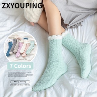 Zxyouping ถุงเท้ากํามะหยี่ แบบหนา ให้ความอบอุ่น ระบายอากาศ สีแคนดี้ แฟชั่นฤดูหนาว สําหรับผู้หญิง