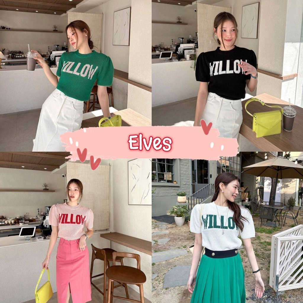 Elves พร้อมส่ง เสื้อไหมพรมแขนสั้น คอกลม ดีเทลลายตัวอักษรเก๋ไม่ซ้ำใคร ~M2005~ -C