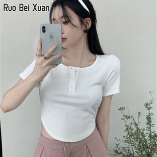 RUO BEI XUAN เสื้อยืดคอกลมแขนสั้นสไตล์เกาหลีฤดูร้อนใหม่