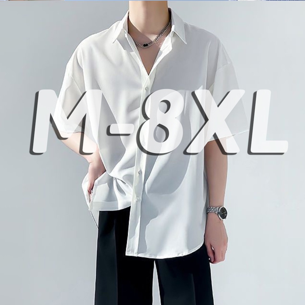 M - 8XL เสื้อเชิ้ตผู้ชาย แขนสั้น ไซส์ใหญ่ สีขาว เกาหลีแฟชั่น เสื้อผู้ชาย