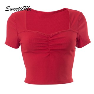 Sweeticme ใหม่ เสื้อยืดครอปลําลอง แขนสั้น คอสี่เหลี่ยม สีพื้น แฟชั่นสําหรับสตรี 2023